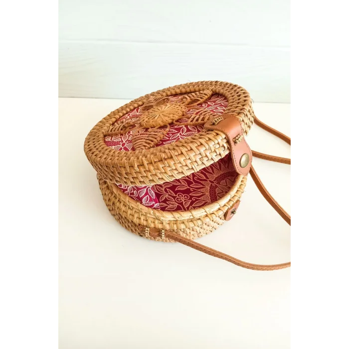 Melina - Rattan El Yapımı Deri Askı Detaylı Hasır Yuvarlak Omuz Çantası