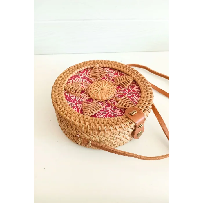 Melina - Rattan El Yapımı Deri Askı Detaylı Hasır Yuvarlak Omuz Çantası