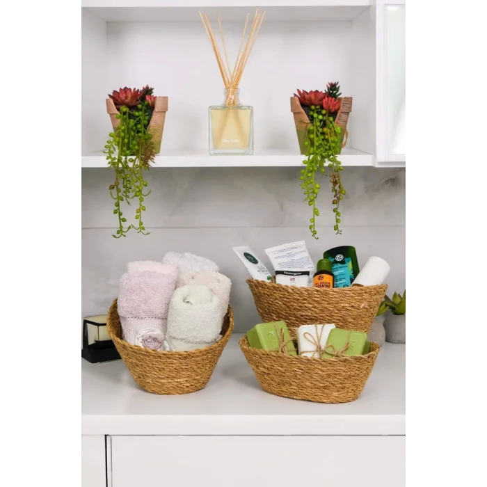 Julia - 3 lü Dekoratif Doğal El Yapımı Hasır Oval Sepet, Havluluk, Ekmek Sepet, Banyo Organizer