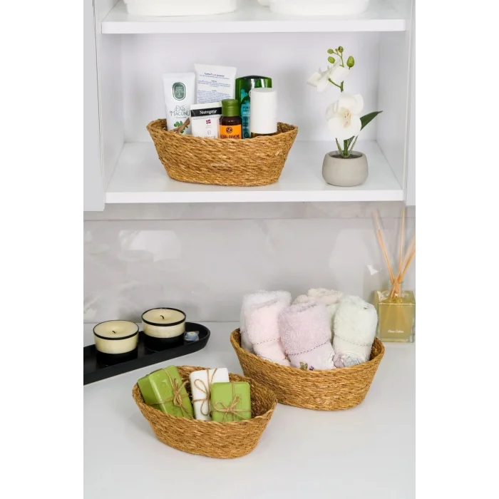 Julia - 3 lü Dekoratif Doğal El Yapımı Hasır Oval Sepet, Havluluk, Ekmek Sepet, Banyo Organizer