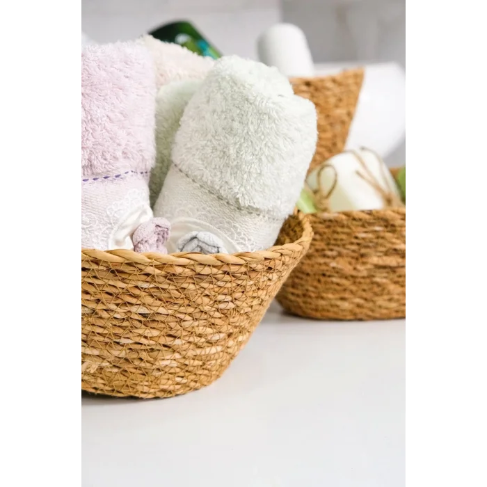 Julia - 3 lü Dekoratif Doğal El Yapımı Hasır Oval Sepet, Havluluk, Ekmek Sepet, Banyo Organizer