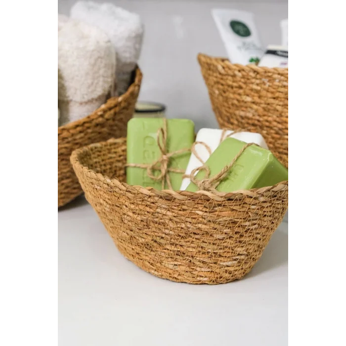 Julia - 3 lü Dekoratif Doğal El Yapımı Hasır Oval Sepet, Havluluk, Ekmek Sepet, Banyo Organizer