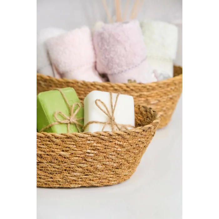 Julia - 3 lü Dekoratif Doğal El Yapımı Hasır Oval Sepet, Havluluk, Ekmek Sepet, Banyo Organizer
