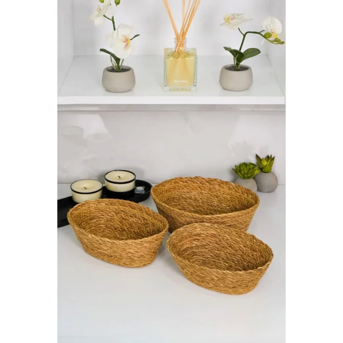 Julia - 3 lü Dekoratif Doğal El Yapımı Hasır Oval Sepet, Havluluk, Ekmek Sepet, Banyo Organizer