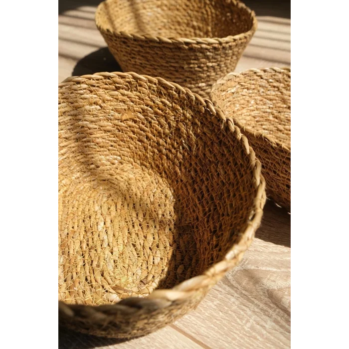 Julia - 3 lü Dekoratif Doğal El Yapımı Hasır Oval Sepet, Havluluk, Ekmek Sepet, Banyo Organizer