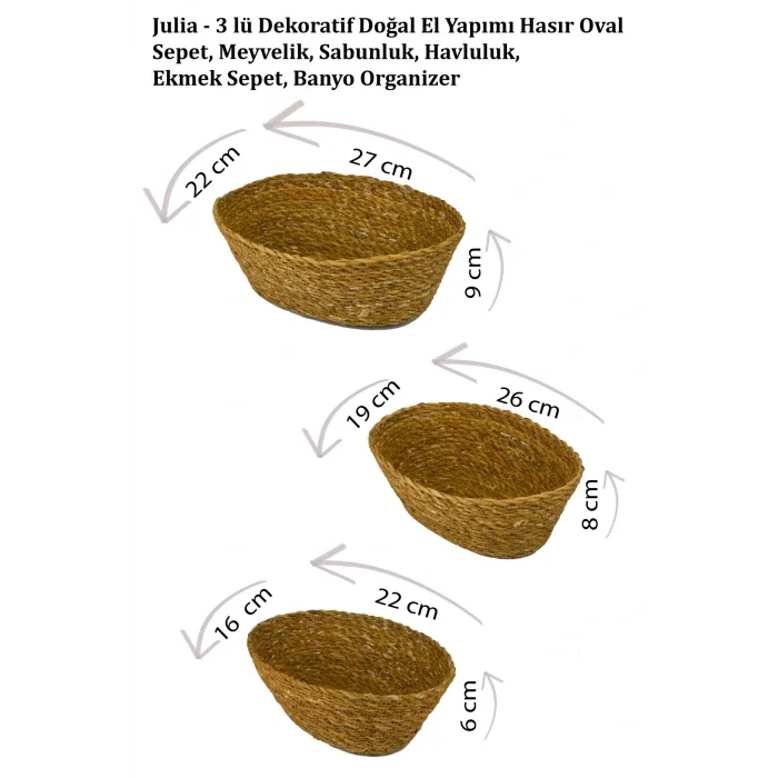 Julia - 3 lü Dekoratif Doğal El Yapımı Hasır Oval Sepet, Havluluk, Ekmek Sepet, Banyo Organizer