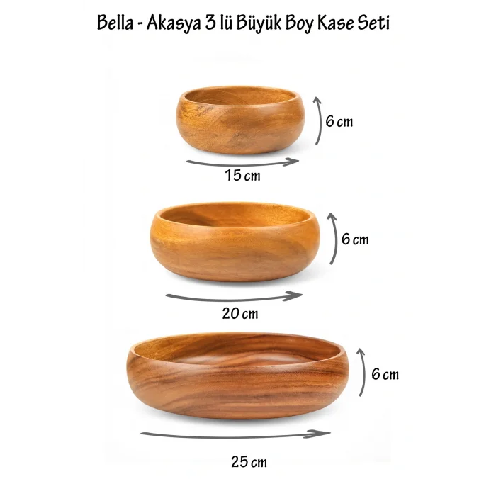 Bella - Akasya 3 lü Büyük Boy Kase Seti 25 cm / 20 cm / 15 cm