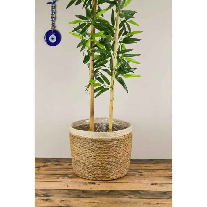 Natalie - Dekoratif Doğal El Örmesi Hasır Büyük Boy Şeritli Saksı Sepeti 29 Cm