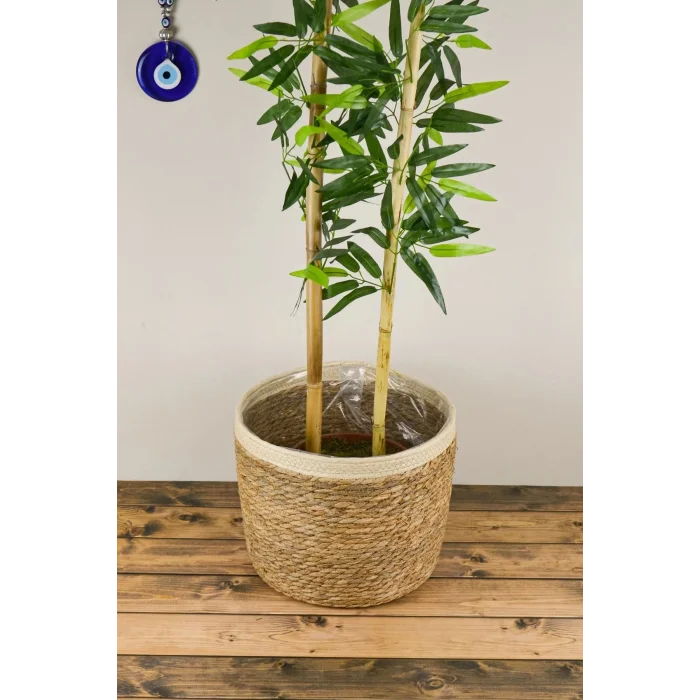 Natalie - Dekoratif Doğal El Örmesi Hasır Büyük Boy Şeritli Saksı Sepeti 29 Cm