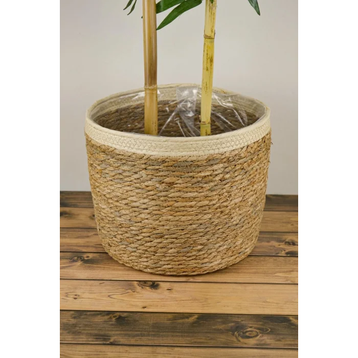 Natalie - Dekoratif Doğal El Örmesi Hasır Büyük Boy Şeritli Saksı Sepeti 29 Cm