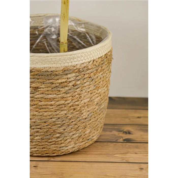 Natalie - Dekoratif Doğal El Örmesi Hasır Büyük Boy Şeritli Saksı Sepeti 29 Cm