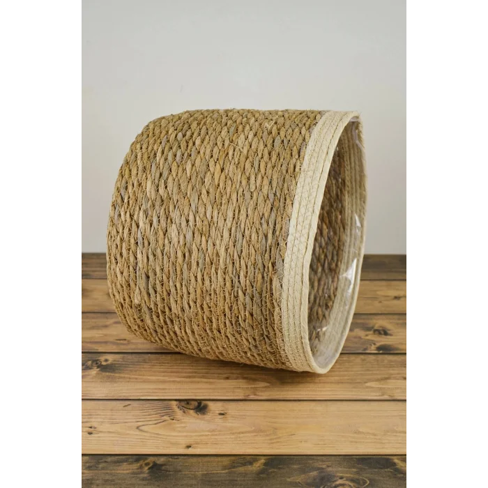 Natalie - Dekoratif Doğal El Örmesi Hasır Büyük Boy Şeritli Saksı Sepeti 29 Cm