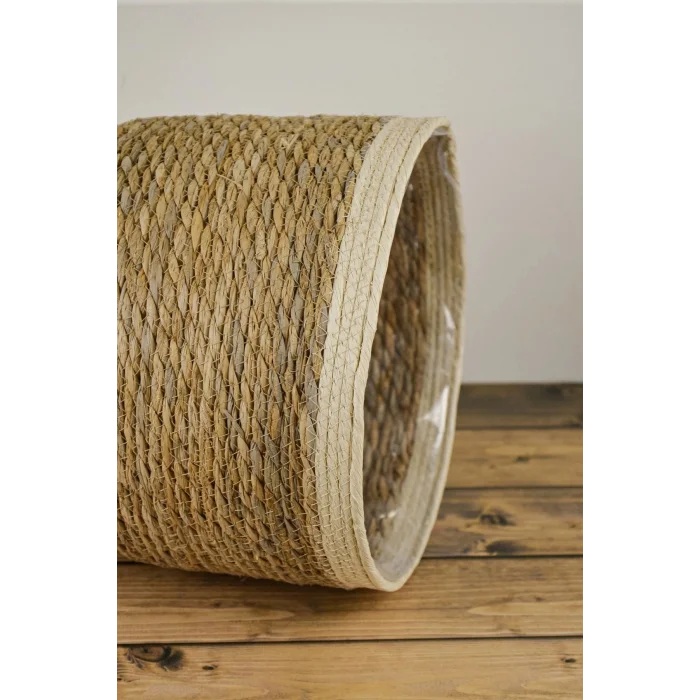 Natalie - Dekoratif Doğal El Örmesi Hasır Büyük Boy Şeritli Saksı Sepeti 29 Cm