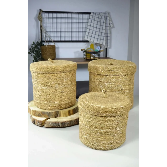 Elisa - Hasır Kapaklı 3 Lü Yuvarlak Genel Amaçlı Saklama Sepeti