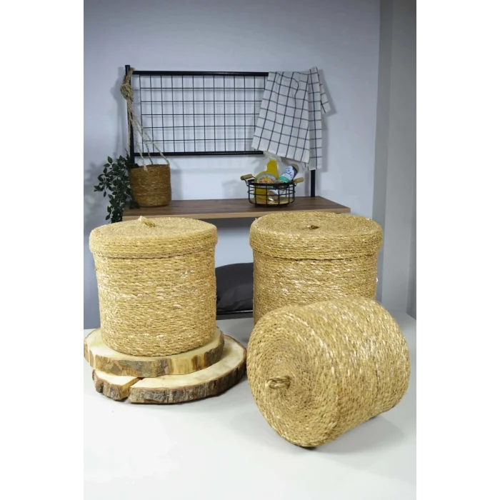 Elisa - Hasır Kapaklı 3 Lü Yuvarlak Genel Amaçlı Saklama Sepeti