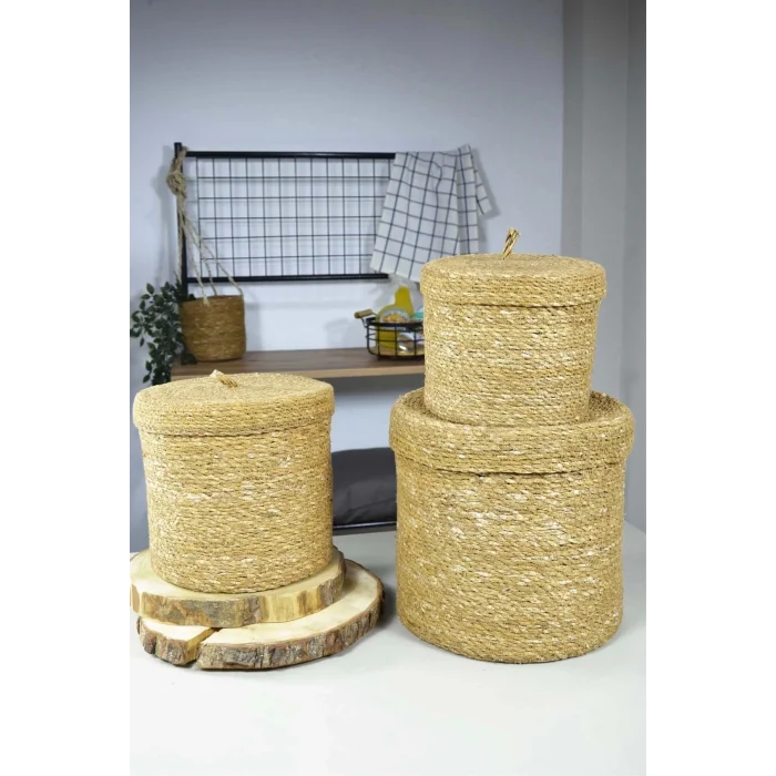 Elisa - Hasır Kapaklı 3 Lü Yuvarlak Genel Amaçlı Saklama Sepeti