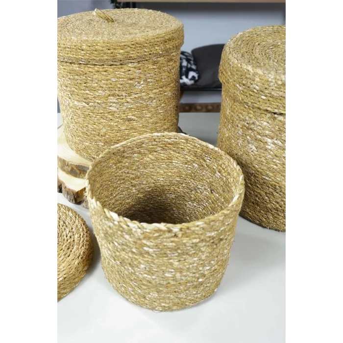 Elisa - Hasır Kapaklı 3 Lü Yuvarlak Genel Amaçlı Saklama Sepeti