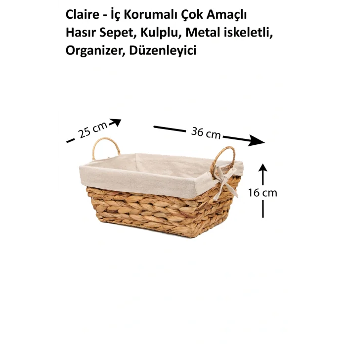 Claire - İç Korumalı Çok Amaçlı Hasır Sepet, Kulplu, Metal iskeletli, Organizer, Düzenleyici