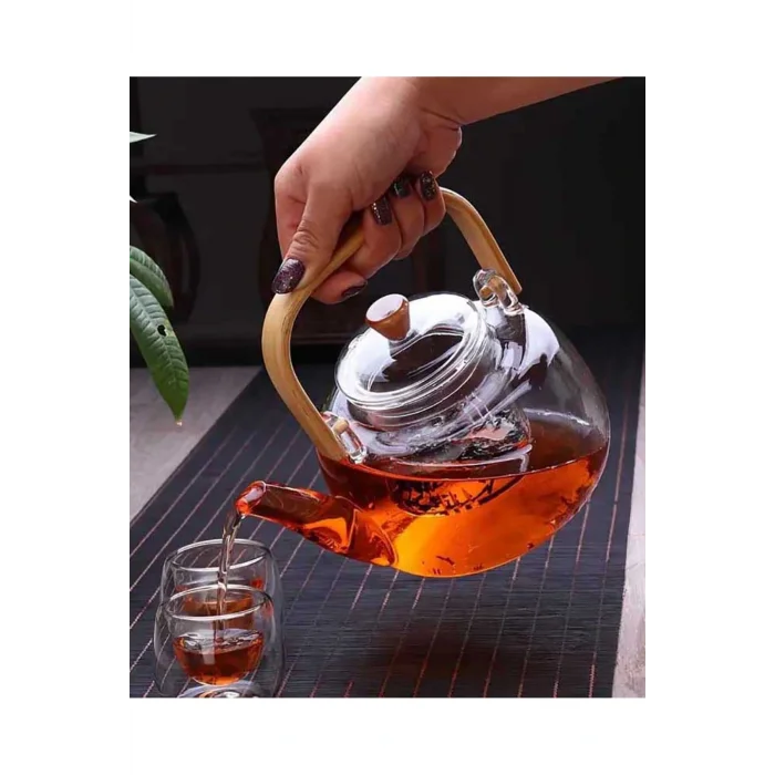 Chloe Bambu Saplı Cam Süzgeçli Cam Bitki Çayı Demliği 1000 ml