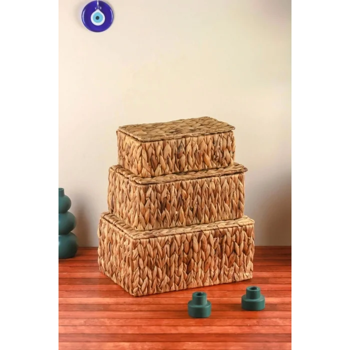Philippa - 3 lü Hasır Kapaklı Dikdörtgen Çok Amaçlı Sepet Seti