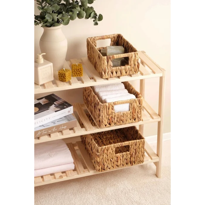 Lauretta - 3 lü Hasır El Örgüsü Kulplu Dikdörtgen Organizer Sepet Seti