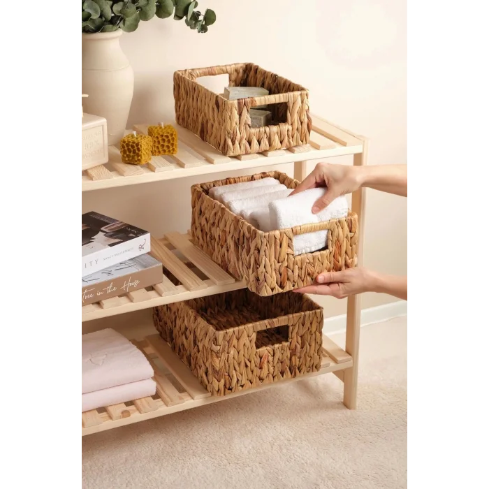 Lauretta - 3 lü Hasır El Örgüsü Kulplu Dikdörtgen Organizer Sepet Seti