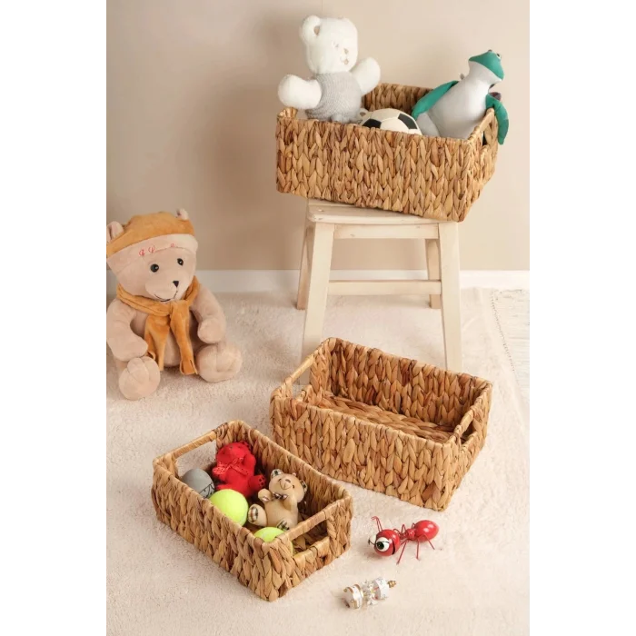 Lauretta - 3 lü Hasır El Örgüsü Kulplu Dikdörtgen Organizer Sepet Seti