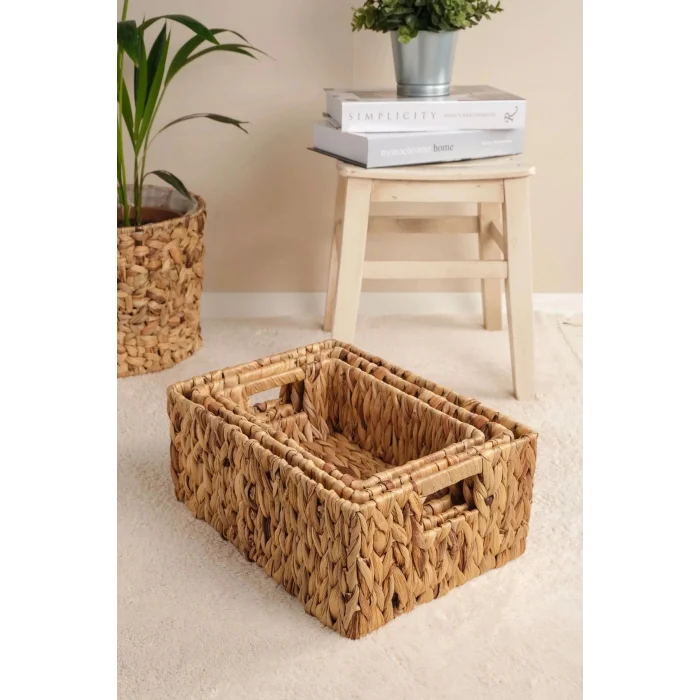 Lauretta - 3 lü Hasır El Örgüsü Kulplu Dikdörtgen Organizer Sepet Seti