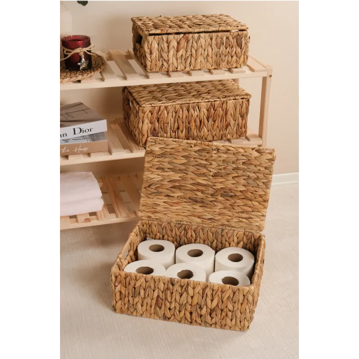 Nicoletta - 3 lü Hasır Kapaklı Dikdörtgen Organizer Çok Amaçlı Sepet Seti