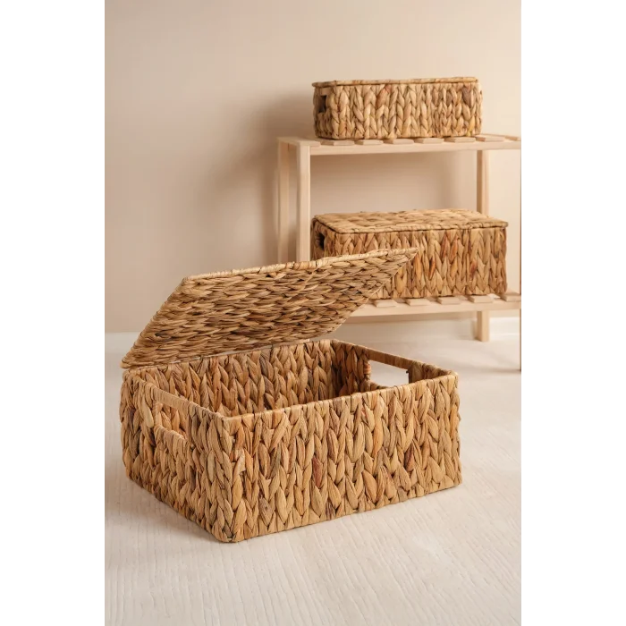 Nicoletta - 3 lü Hasır Kapaklı Dikdörtgen Organizer Çok Amaçlı Sepet Seti