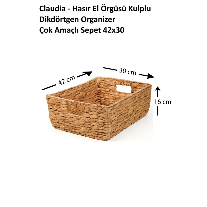 Claudia - Hasır El Örgüsü Kulplu Dikdörtgen Organizer Çok Amaçlı Sepet 42x30