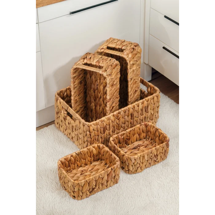 Fabiola - 5 li Hasır El Örgüsü Çok Amaçlı Dikdörtgen Organizer Sepet Seti