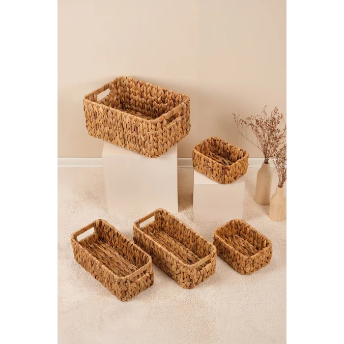 Fabiola - 5 li Hasır El Örgüsü Çok Amaçlı Dikdörtgen Organizer Sepet Seti