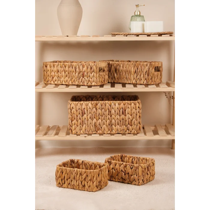 Fabiola - 5 li Hasır El Örgüsü Çok Amaçlı Dikdörtgen Organizer Sepet Seti