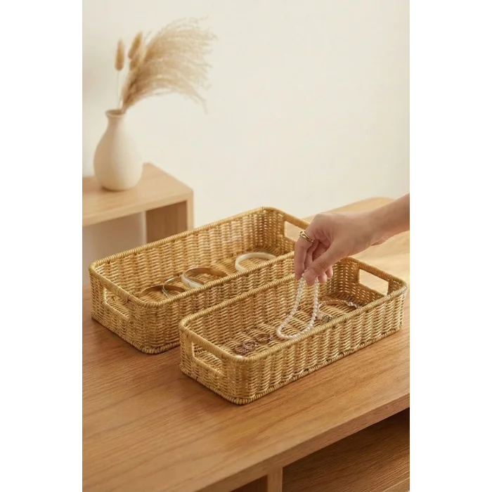 Gigi- 2 li Rattan Saklama Kutusu,Düzenleyici, Organizer, Takı Kutusu Seti