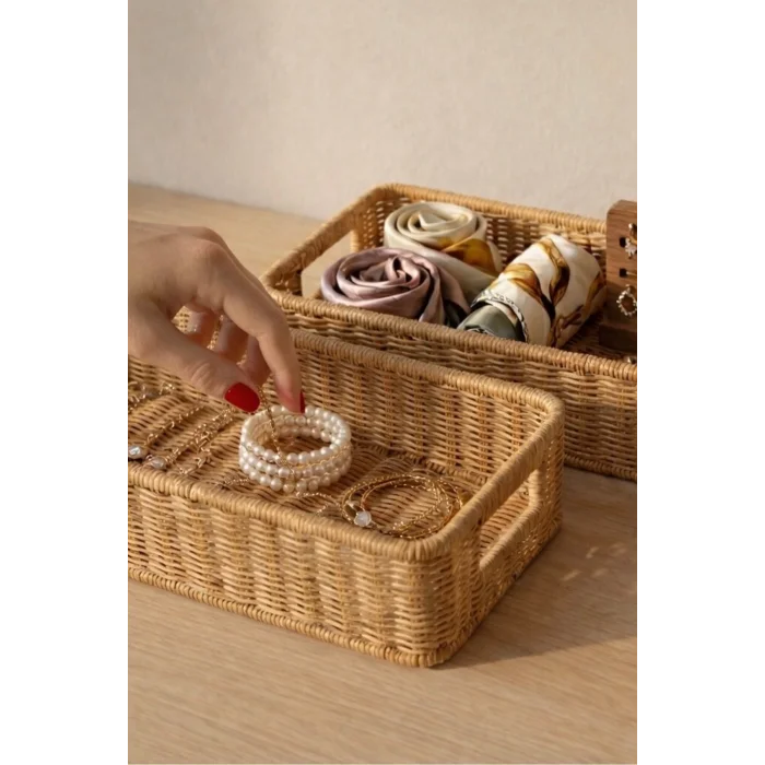 Gigi- 2 li Rattan Saklama Kutusu,Düzenleyici, Organizer, Takı Kutusu Seti