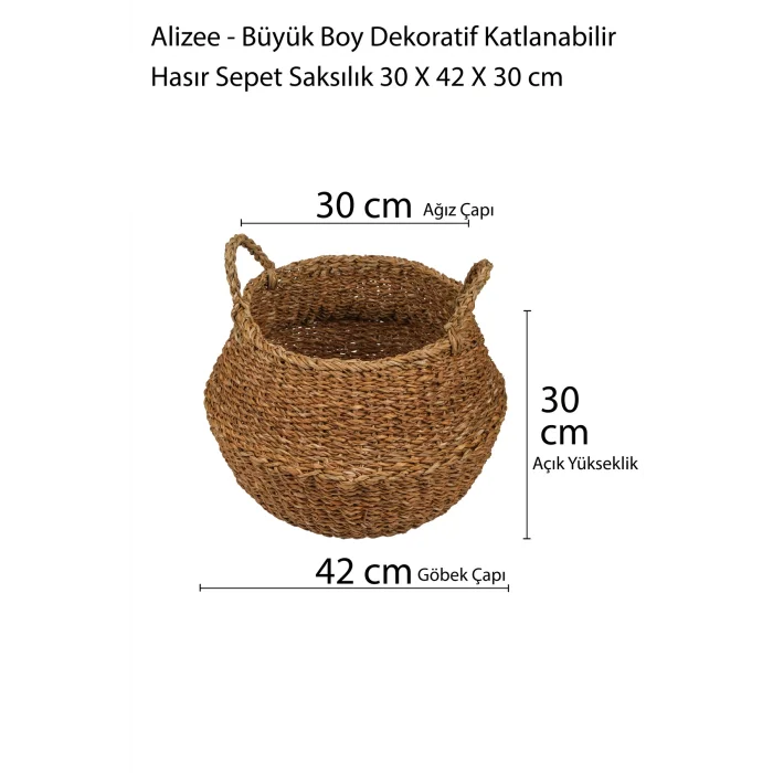 Alizee - Büyük Boy Dekoratif Katlanabilir Hasır Sepet Saksılık