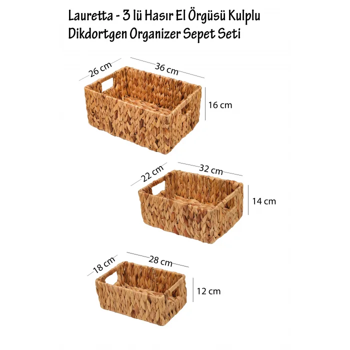 Lauretta - 3 lü Hasır El Örgüsü Kulplu Dikdörtgen Organizer Sepet Seti