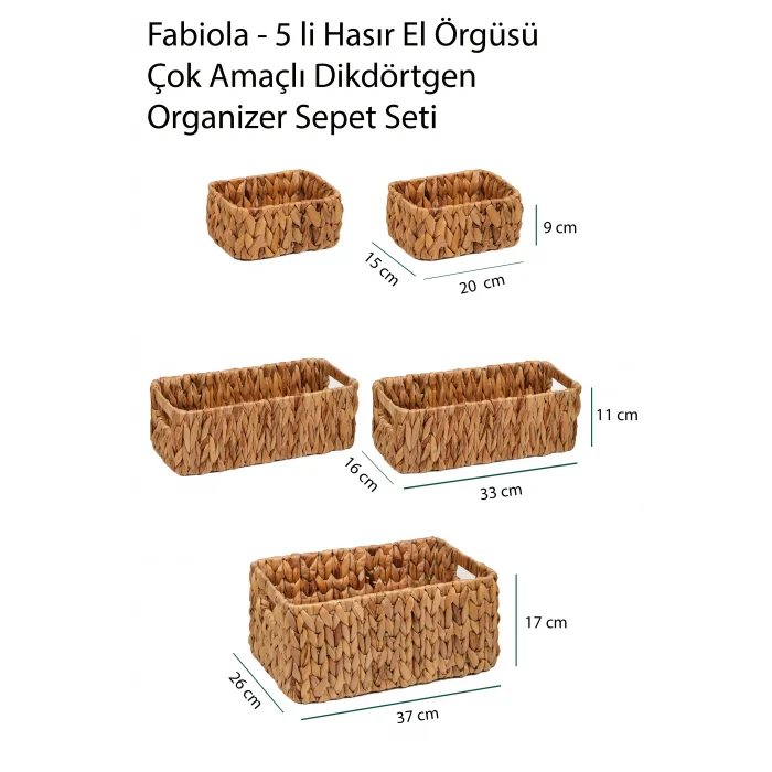 Fabiola - 5 li Hasır El Örgüsü Çok Amaçlı Dikdörtgen Organizer Sepet Seti