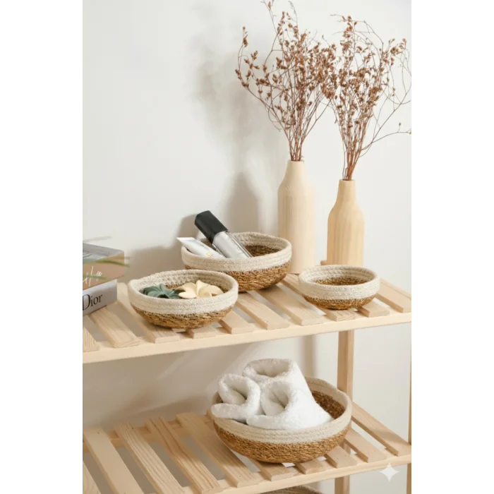 Rafael - 4 lü Dekoratif Doğal El Örmesi Hasır Yuvarlak Sepet Seti, Havluluk, Banyo Organizer