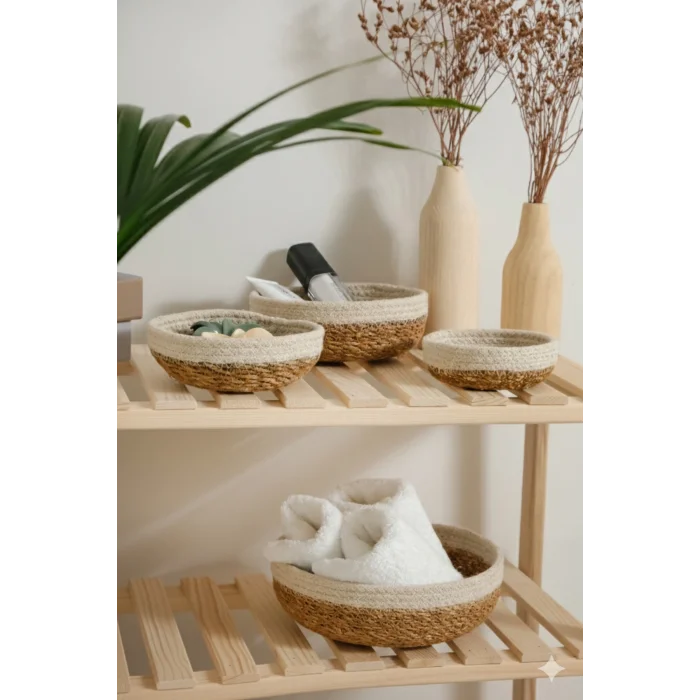 Rafael - 4 lü Dekoratif Doğal El Örmesi Hasır Yuvarlak Sepet Seti, Havluluk, Banyo Organizer