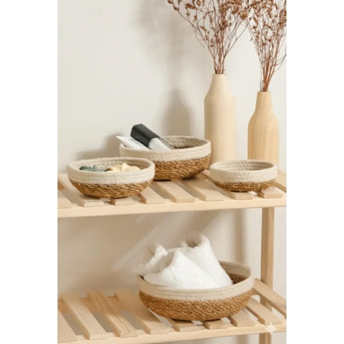 Rafael - 4 lü Dekoratif Doğal El Örmesi Hasır Yuvarlak Sepet Seti, Havluluk, Banyo Organizer