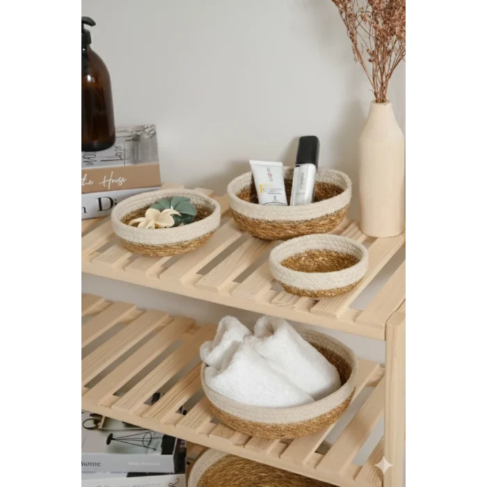 Rafael - 4 lü Dekoratif Doğal El Örmesi Hasır Yuvarlak Sepet Seti, Havluluk, Banyo Organizer