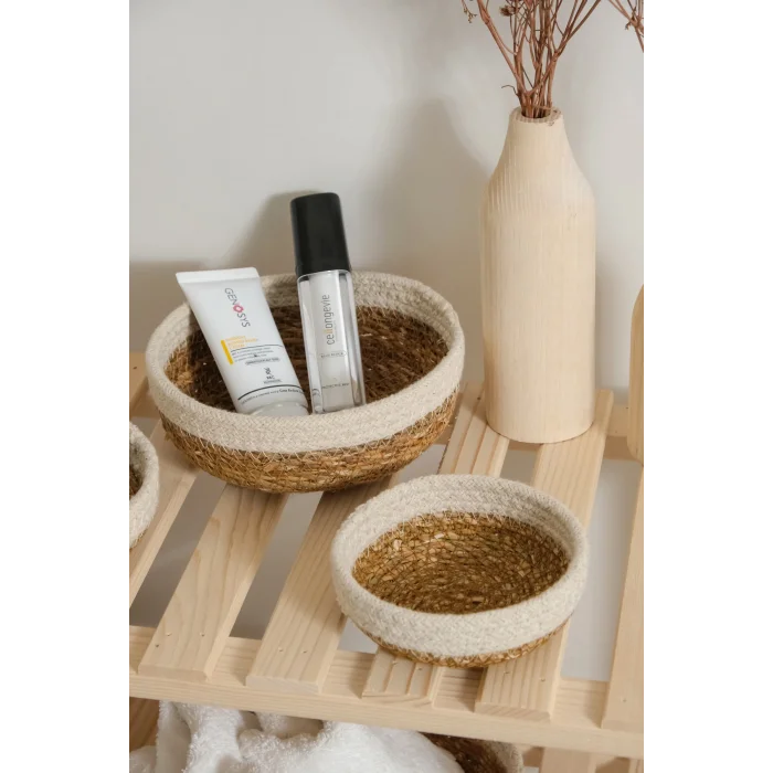 Rafael - 4 lü Dekoratif Doğal El Örmesi Hasır Yuvarlak Sepet Seti, Havluluk, Banyo Organizer