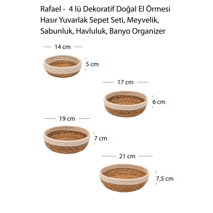 Rafael - 4 lü Dekoratif Doğal El Örmesi Hasır Yuvarlak Sepet Seti, Havluluk, Banyo Organizer