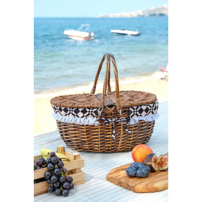 Liliane - Söğüt Hasırı Kapaklı Kulplu İç Korumalı Naturel Piknik Sepeti