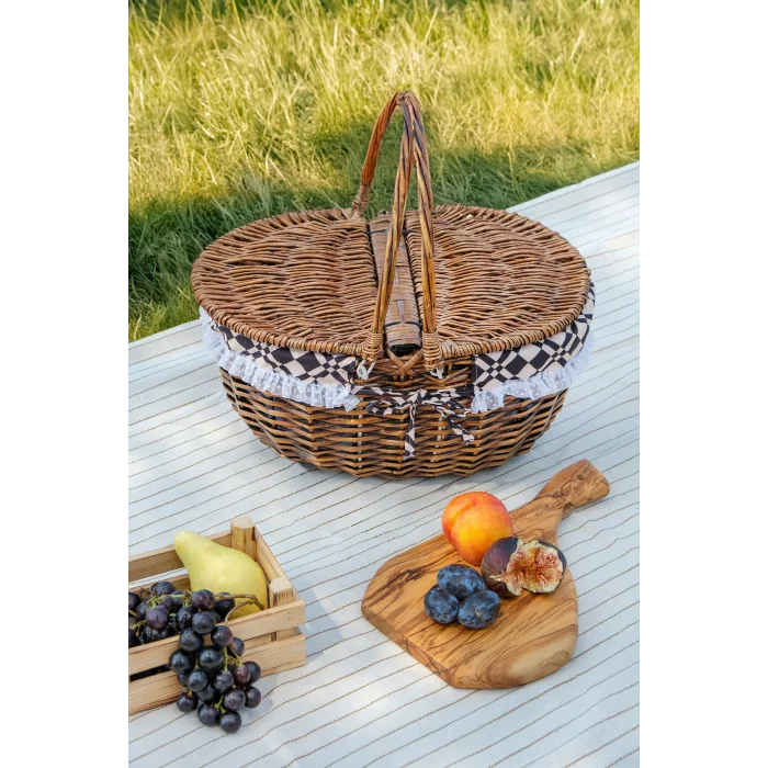 Liliane - Söğüt Hasırı Kapaklı Kulplu İç Korumalı Naturel Piknik Sepeti
