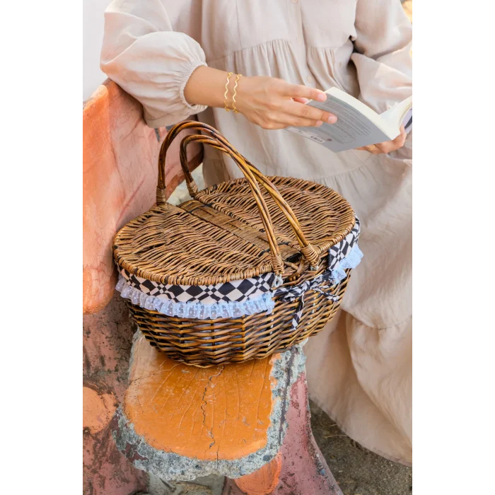 Liliane - Söğüt Hasırı Kapaklı Kulplu İç Korumalı Naturel Piknik Sepeti