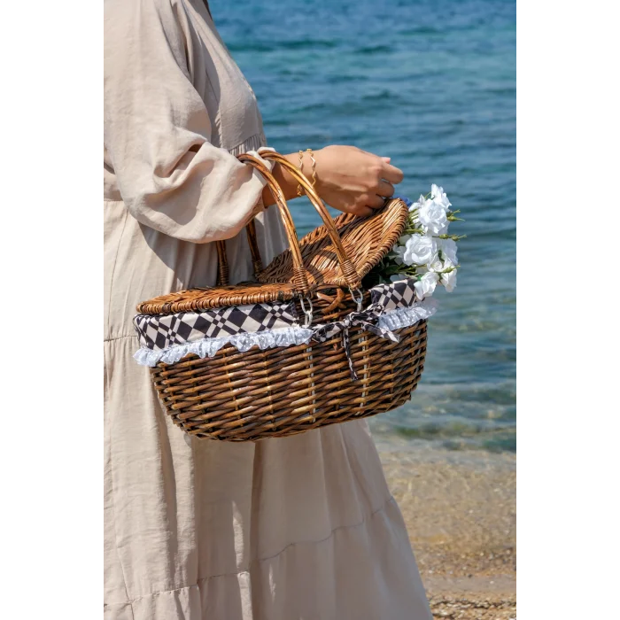 Liliane - Söğüt Hasırı Kapaklı Kulplu İç Korumalı Naturel Piknik Sepeti