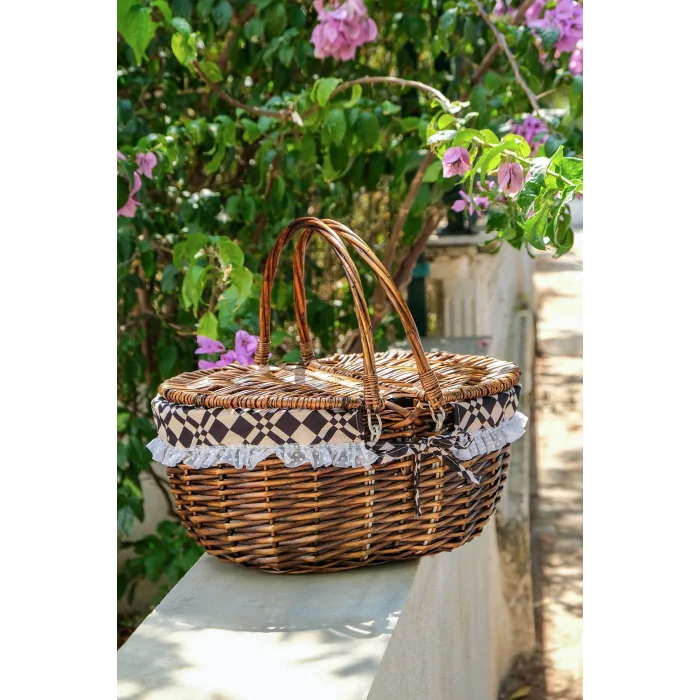 Liliane - Söğüt Hasırı Kapaklı Kulplu İç Korumalı Naturel Piknik Sepeti